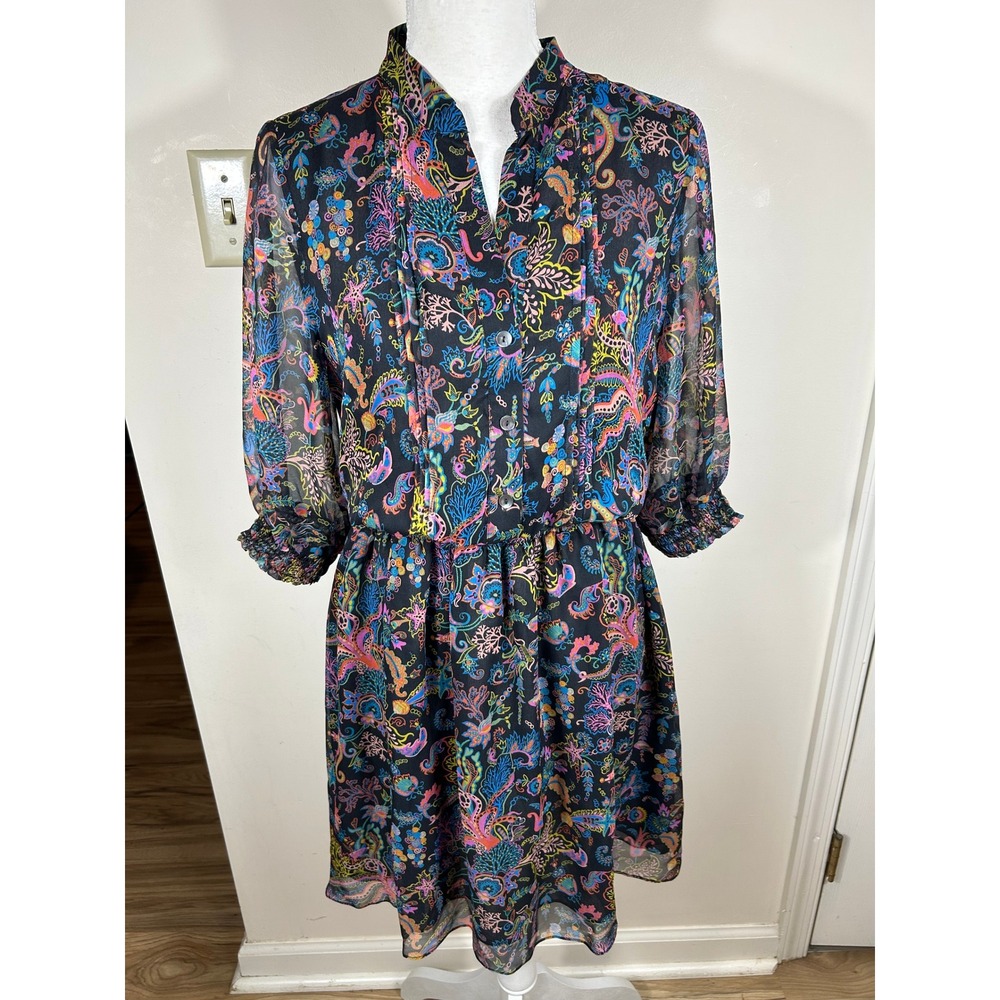 Brora Silk Dress Sz 10 Black Sea Life Coral Print‎ Smocked Waist Midi Dopamine